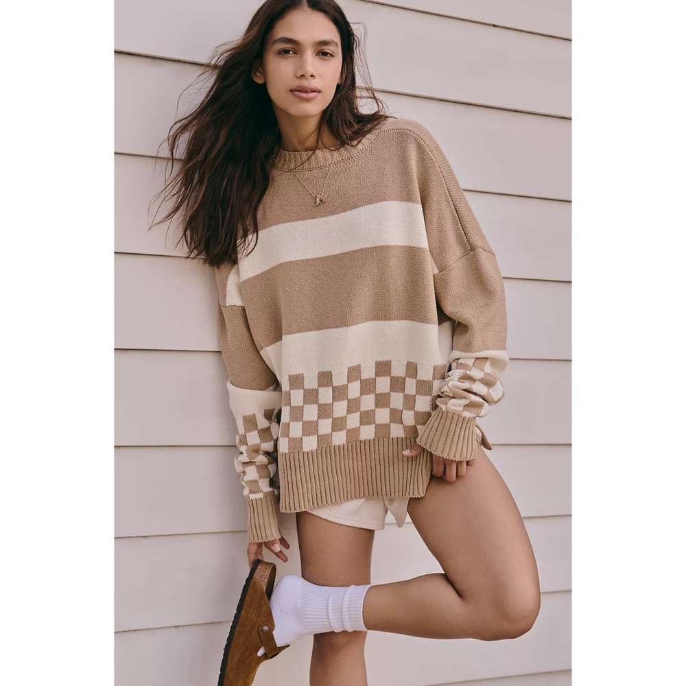 Beach Riot Anthropologie Callie colorblock checkered stripe oversized sweater - Picture 1 of 9